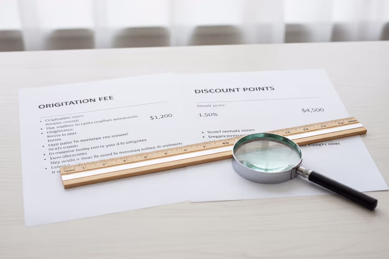 Two mortgage documents side by side labeled origination fee and discount points with a magnifying glass on a desk illustrating the difference between loan fee types
