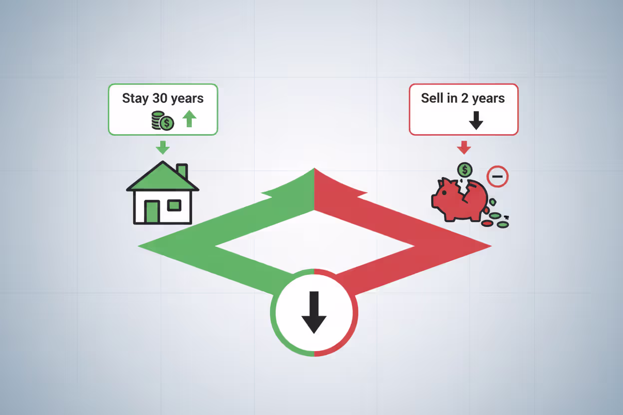 Infographic showing two diverging paths from a single point one leading to long-term savings when staying in a home and the other showing financial loss from selling early after buying mortgage points