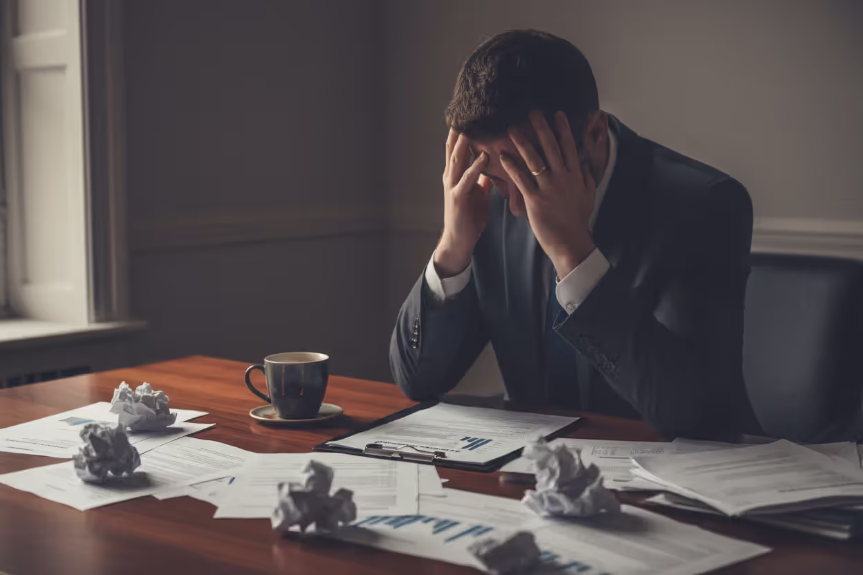 A frustrated person sitting at a desk with head in hands surrounded by scattered mortgage documents and crumpled papers representing regret over a financial mistake with discount points