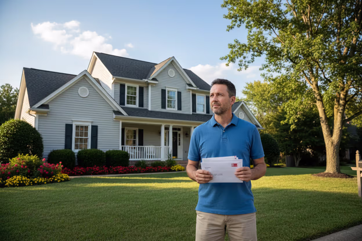 Homeowner standing in front of a suburban house holding a mail envelope on a sunny day with a green lawn