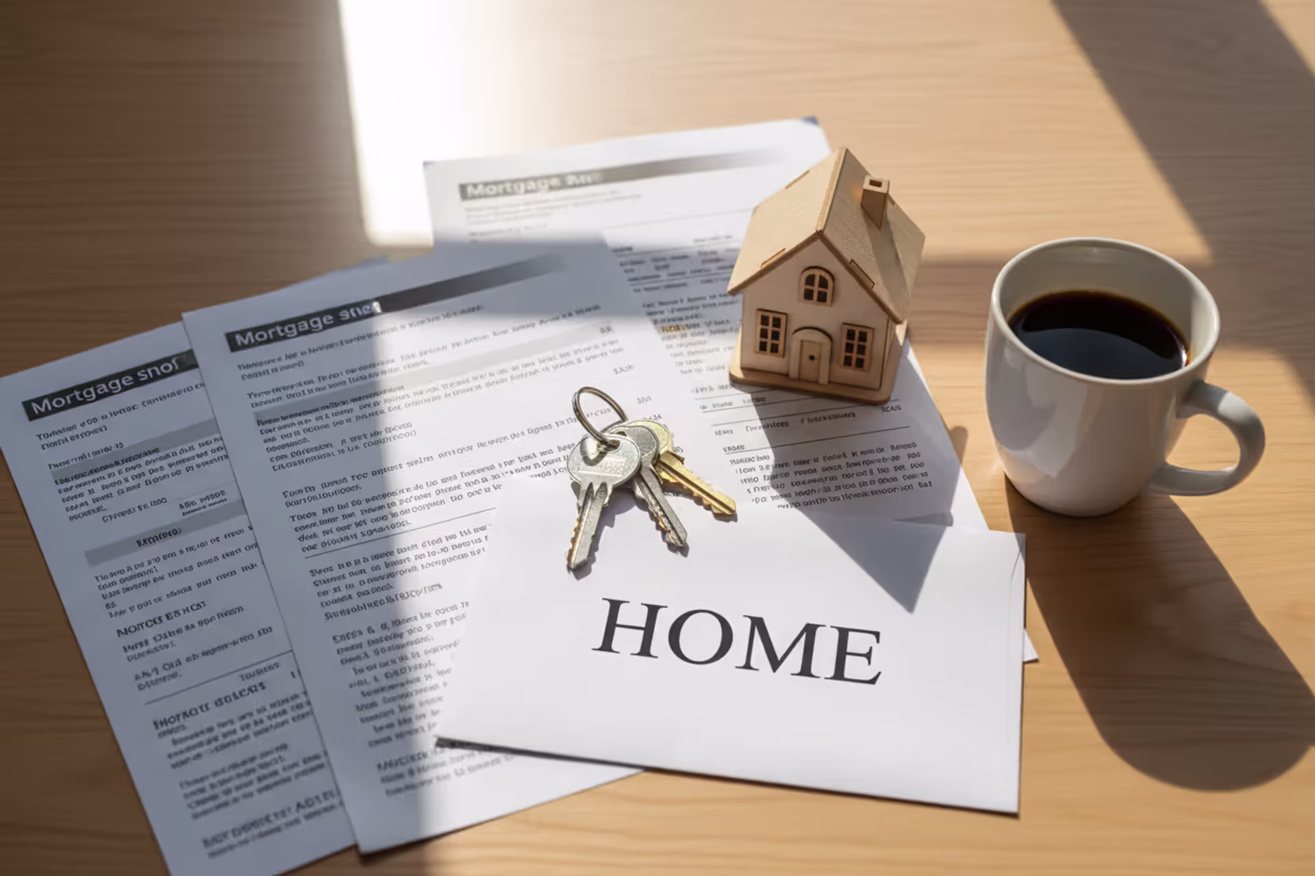 Wooden desk with mortgage documents, house keys, a small house model, and a coffee cup in soft daylight
