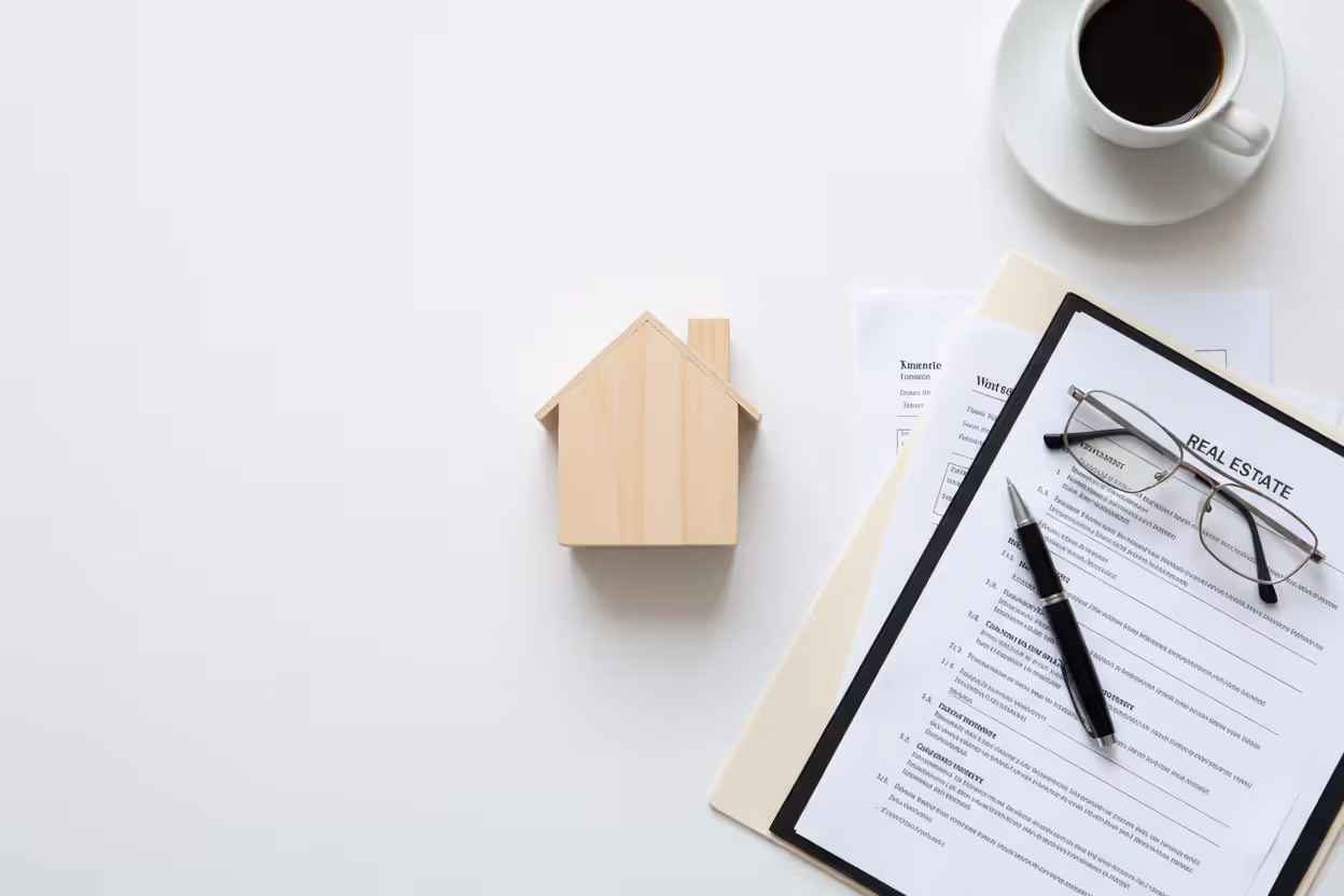 Flat lay composition with a small wooden house model, documents, pen, glasses, and coffee cup on a white desk