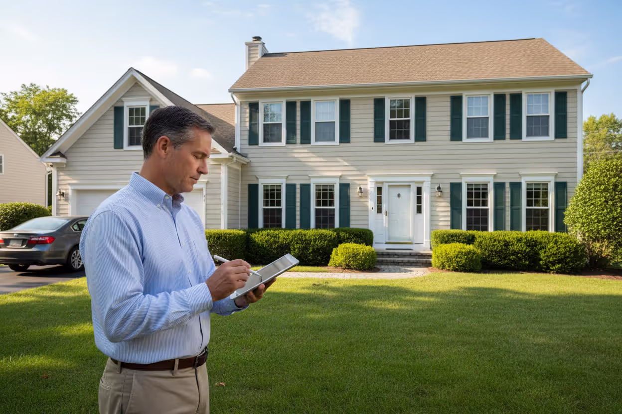 Real estate appraiser taking notes on a clipboard while standing in front of a suburban house
