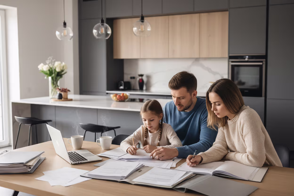 Family sitting at a kitchen table reviewing financial documents together with a laptop nearby