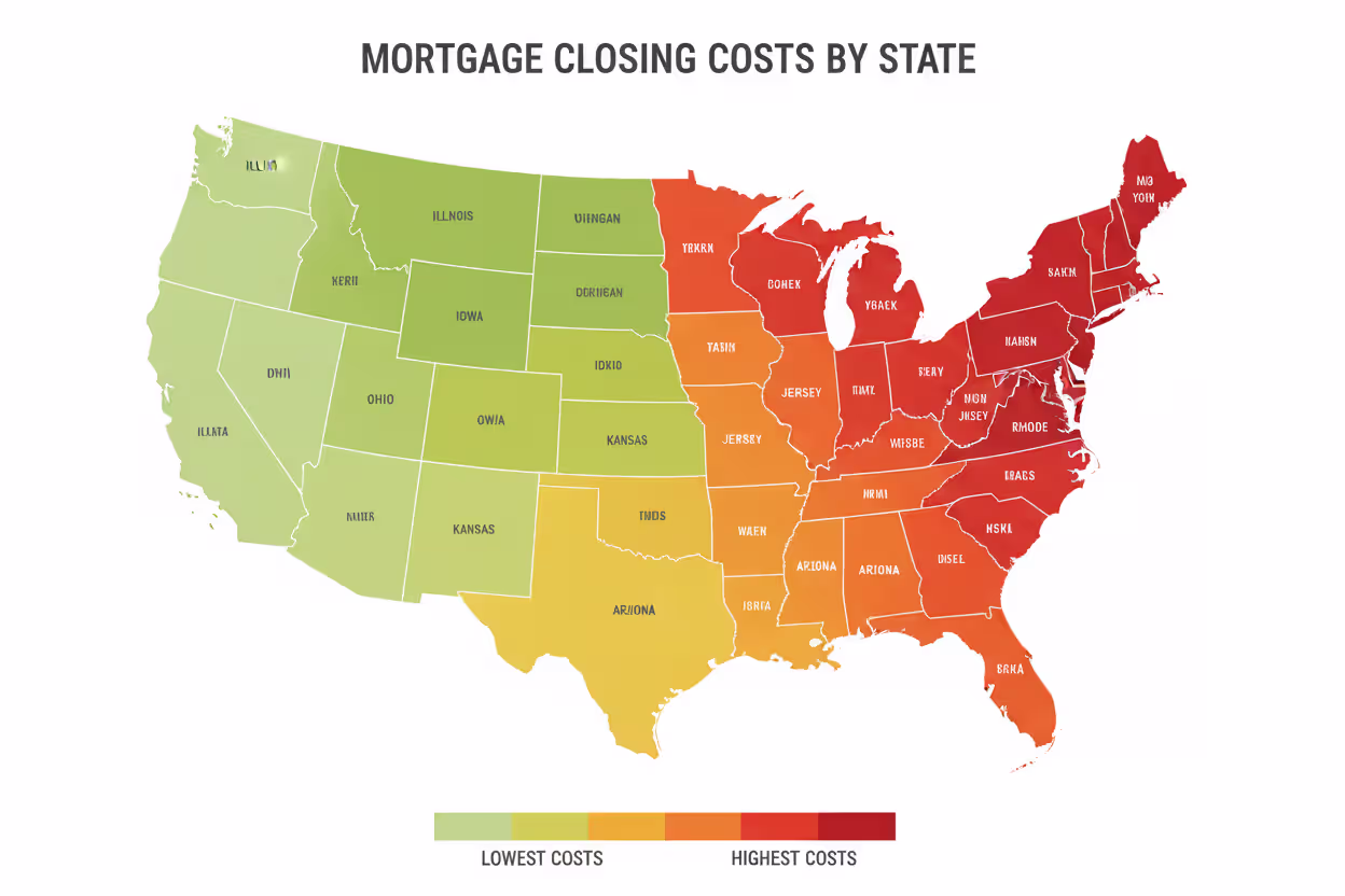 US map with color-coded states showing regional variation in mortgage closing costs from low to high