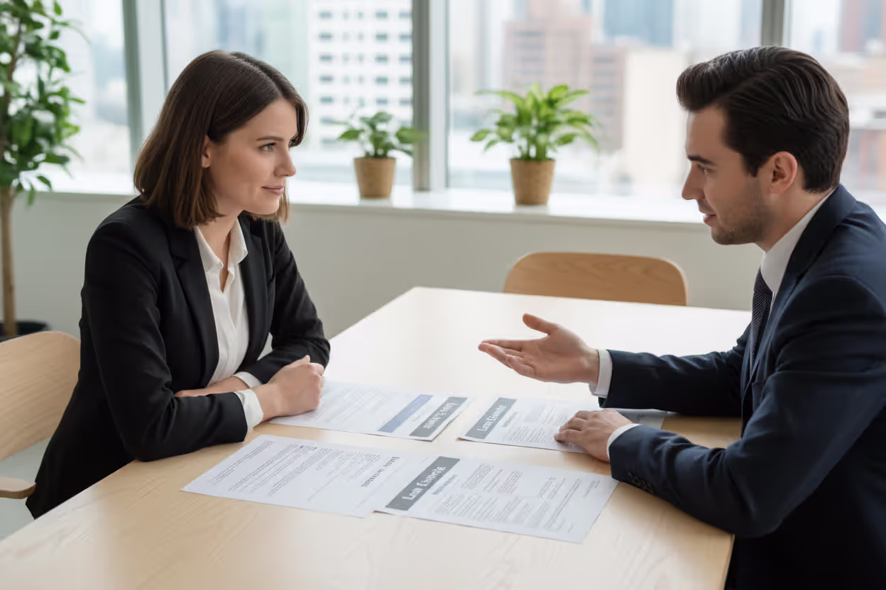 Young couple sitting across from a mortgage advisor in a modern office comparing multiple loan estimate documents