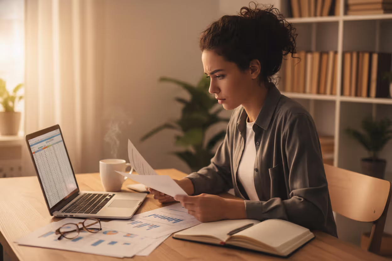 Woman at home desk reviewing mortgage closing disclosure documents while comparing information on laptop screen