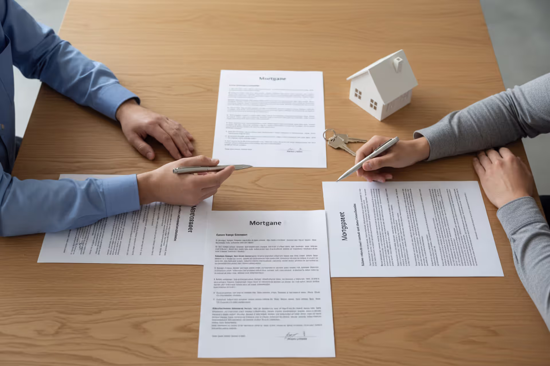 Top view of a closing table with mortgage documents, house keys, and a small house model, with two pairs of hands during a home purchase signing