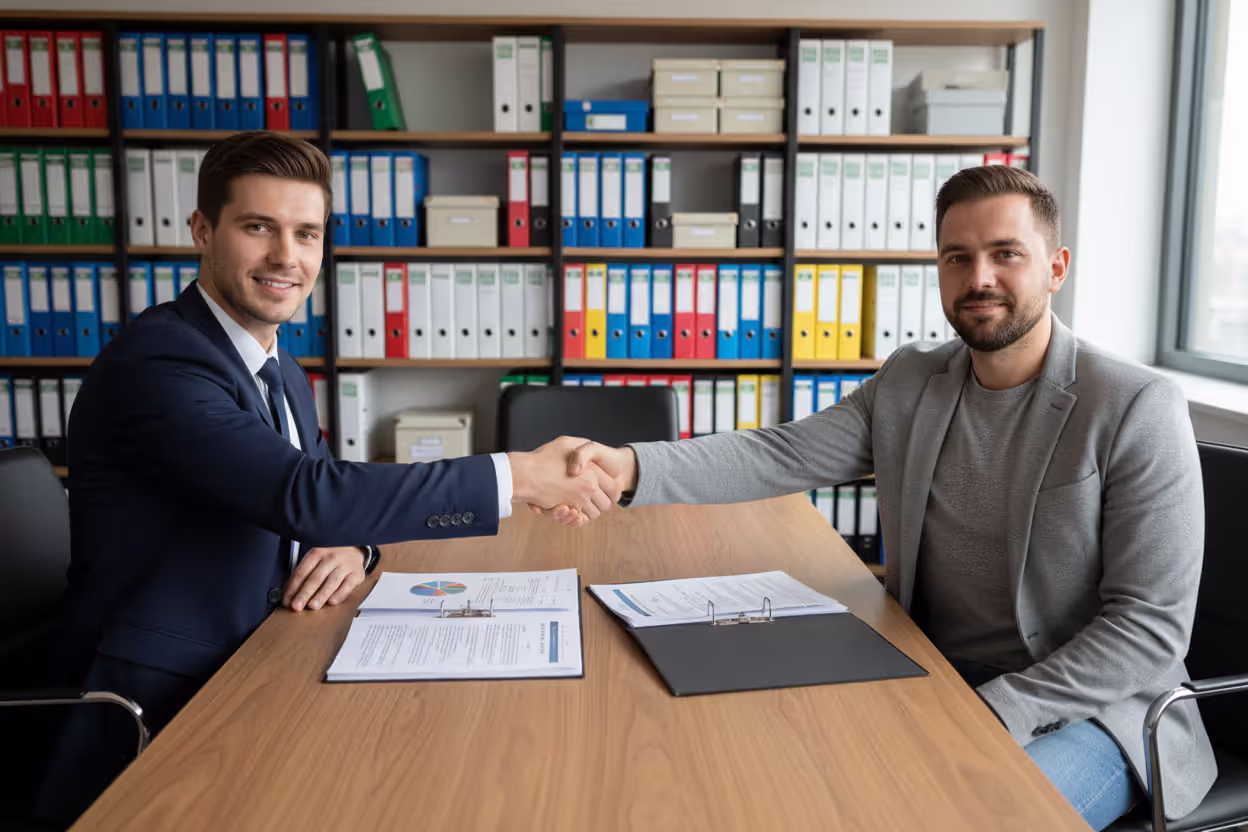 Two people shaking hands across an office desk with open documents between them, one in business attire and one in casual clothing, bookshelves in background