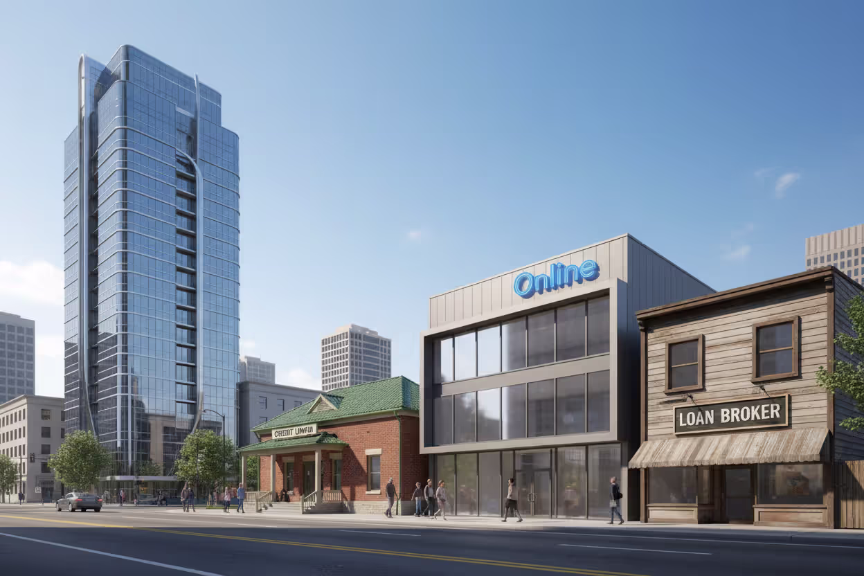 Row of four different buildings on a city street representing lender types: a large glass bank tower, a small credit union office, a modern online lender building, and a small mortgage broker office