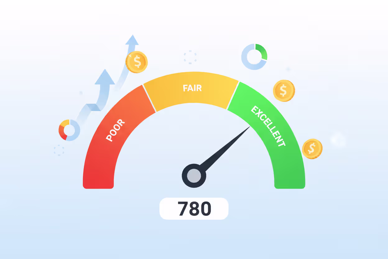 Stylized credit score gauge with arrow pointing to green high score zone surrounded by upward arrows and coins on a clean modern background