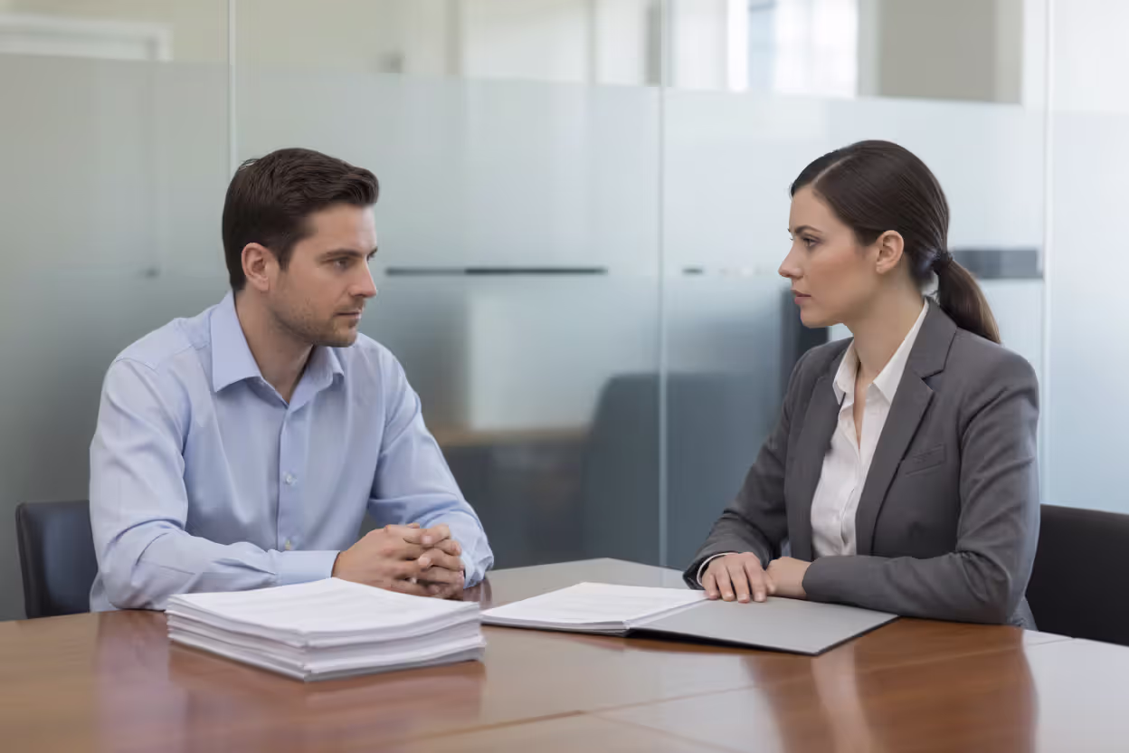 A man sitting across from a female loan officer at a bank office desk with mortgage documents between them