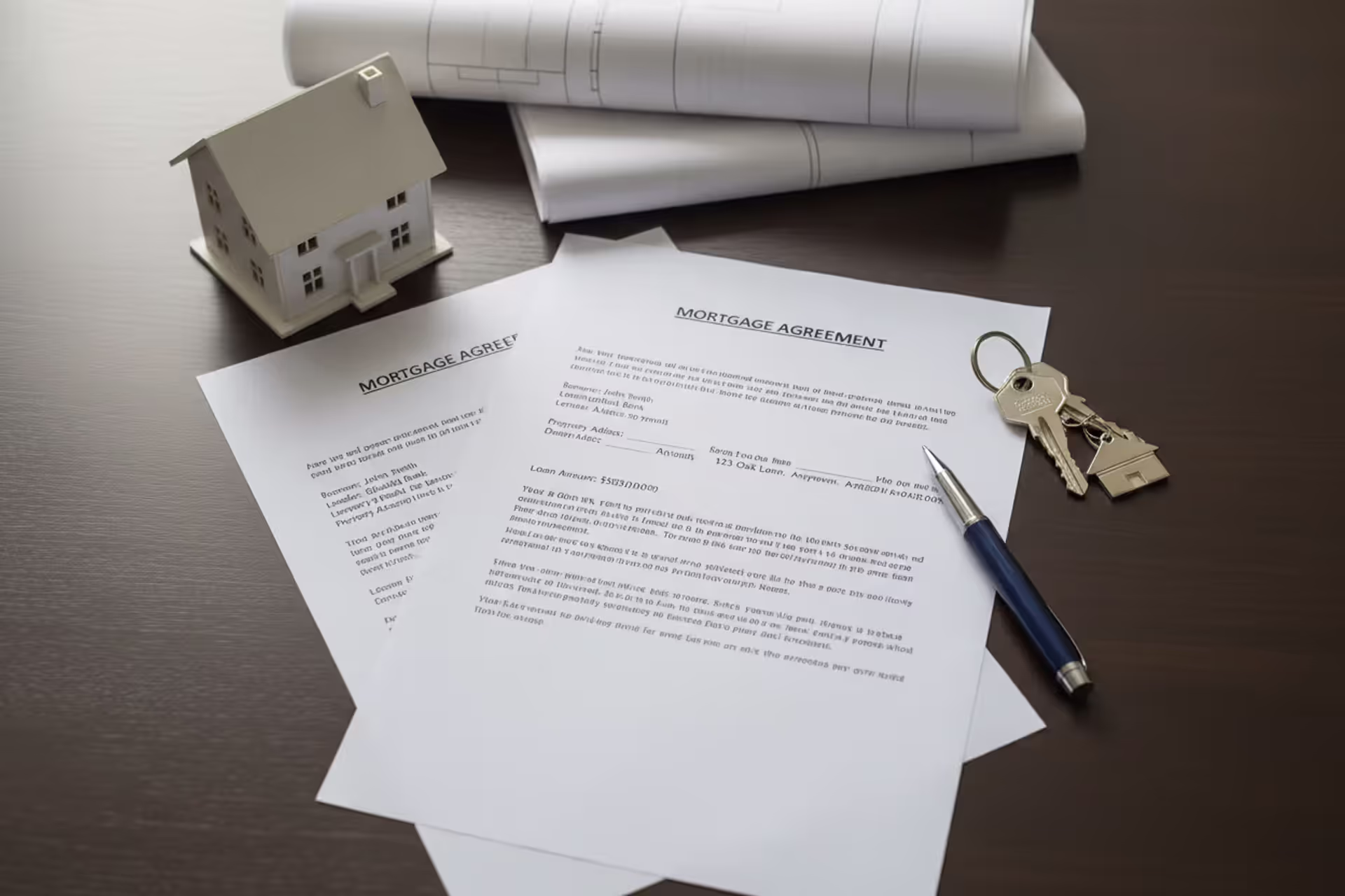 Top view of a desk with mortgage documents, house keys, a pen, and a small white house model in soft daylight