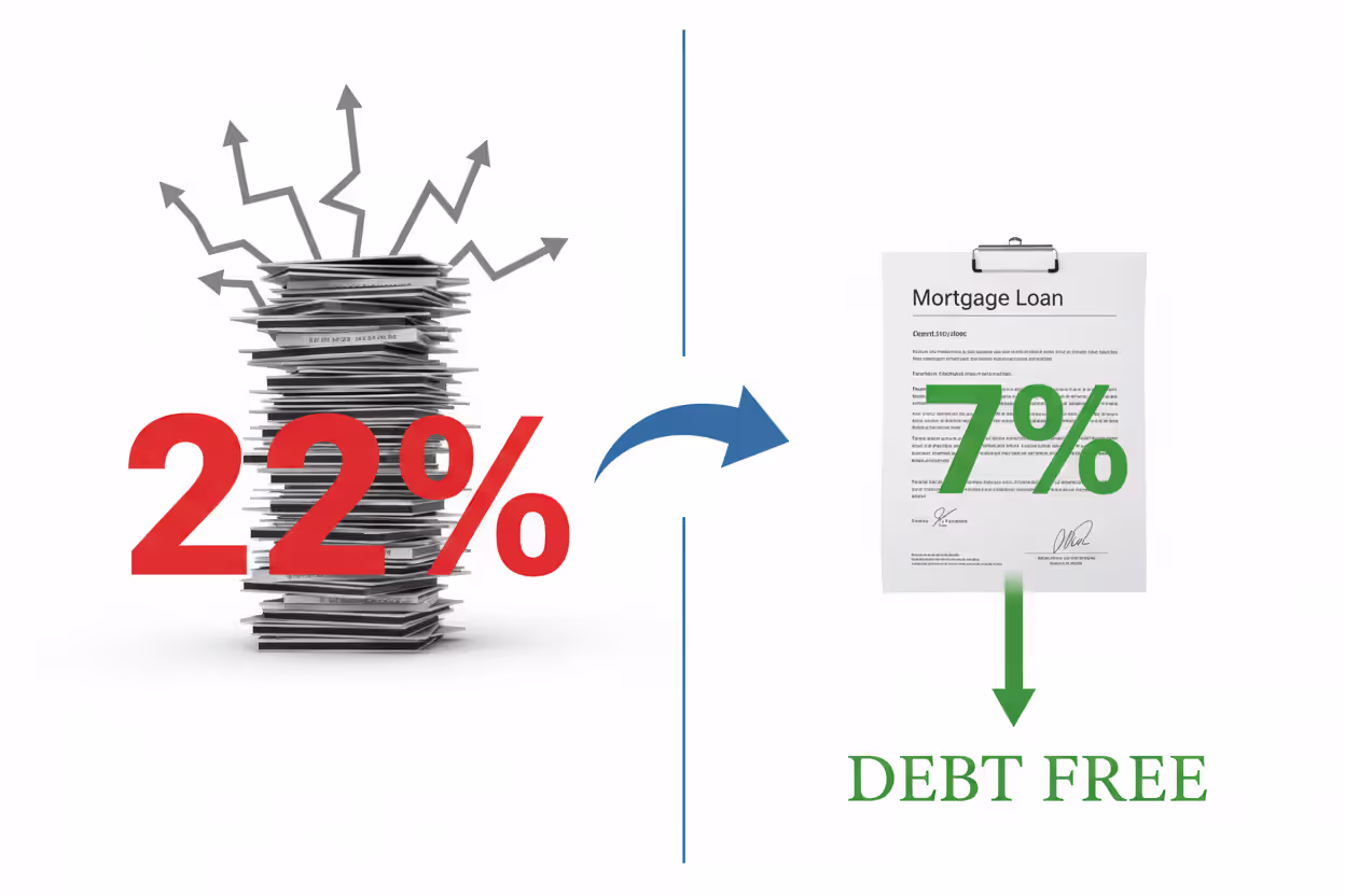 Visual comparison of high-interest credit card debt at 22 percent versus a fixed home equity loan at 7 percent leading to debt freedom
