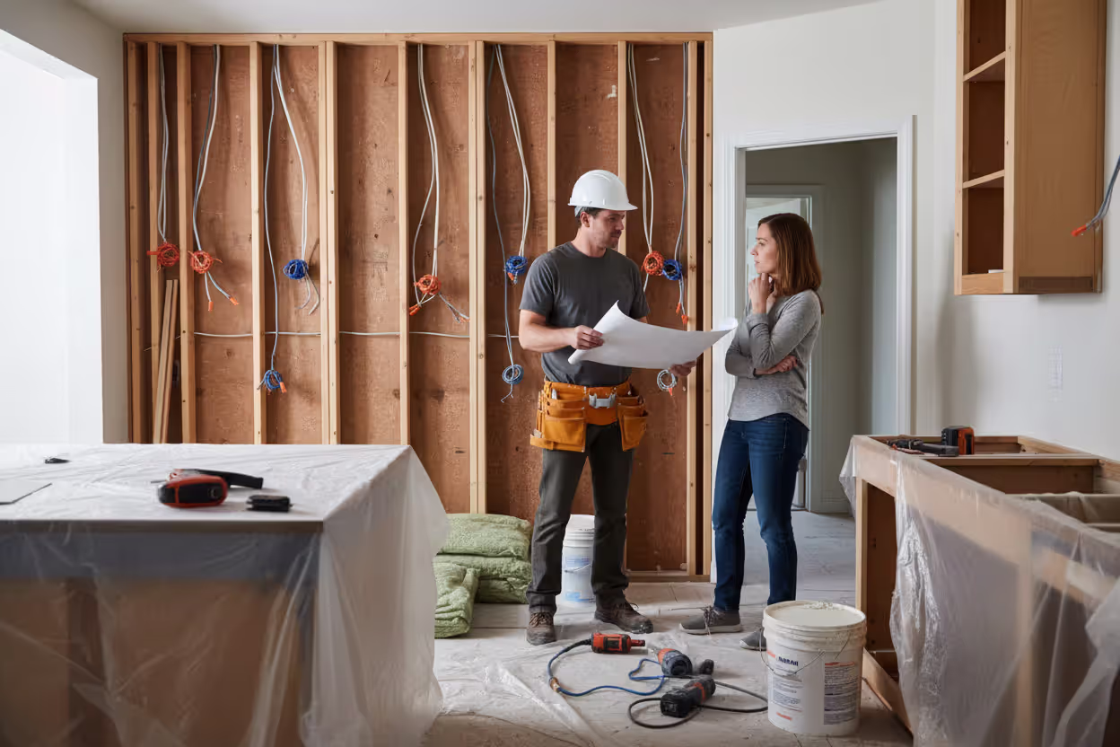 Homeowners discussing unexpected kitchen renovation costs with a contractor