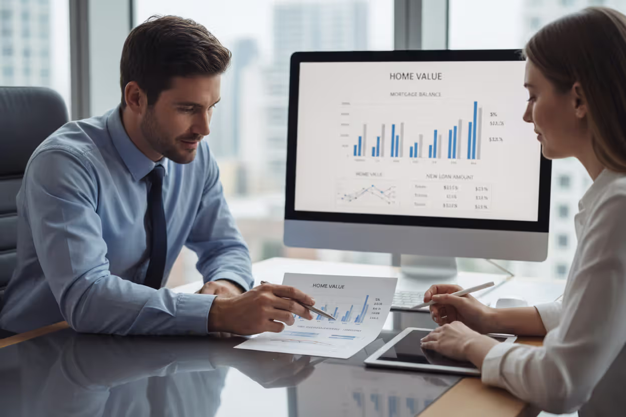 Loan officer explaining loan-to-value ratio to a borrower