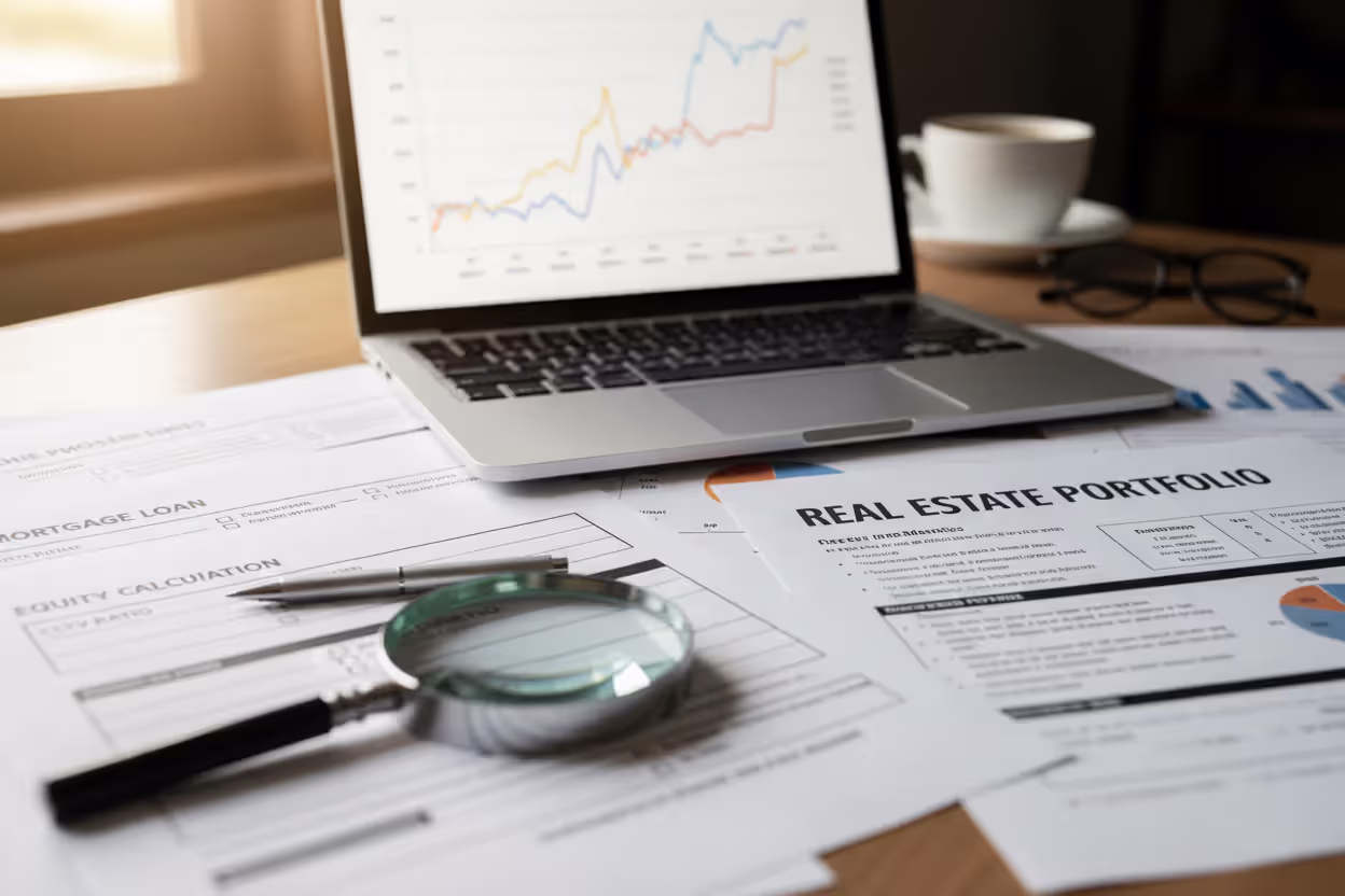 Mortgage documents and home value analysis on a desk