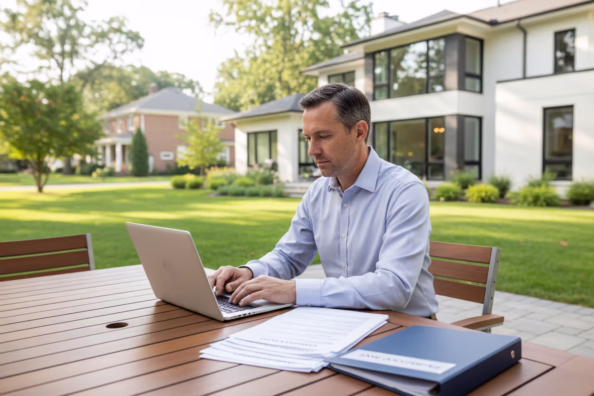 Homeowner reviewing home equity loan documents in front of a house