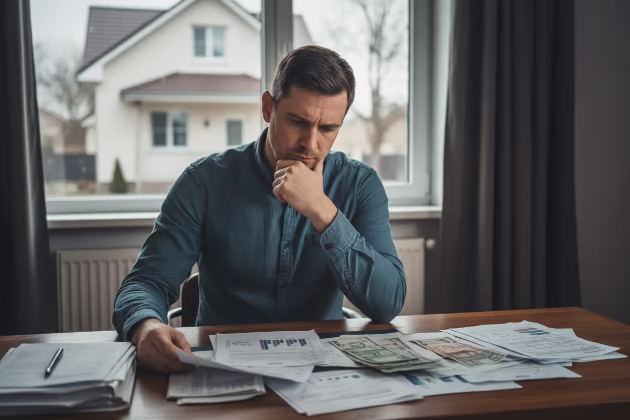 Homeowner reviewing bills and financial risks related to a home equity loan
