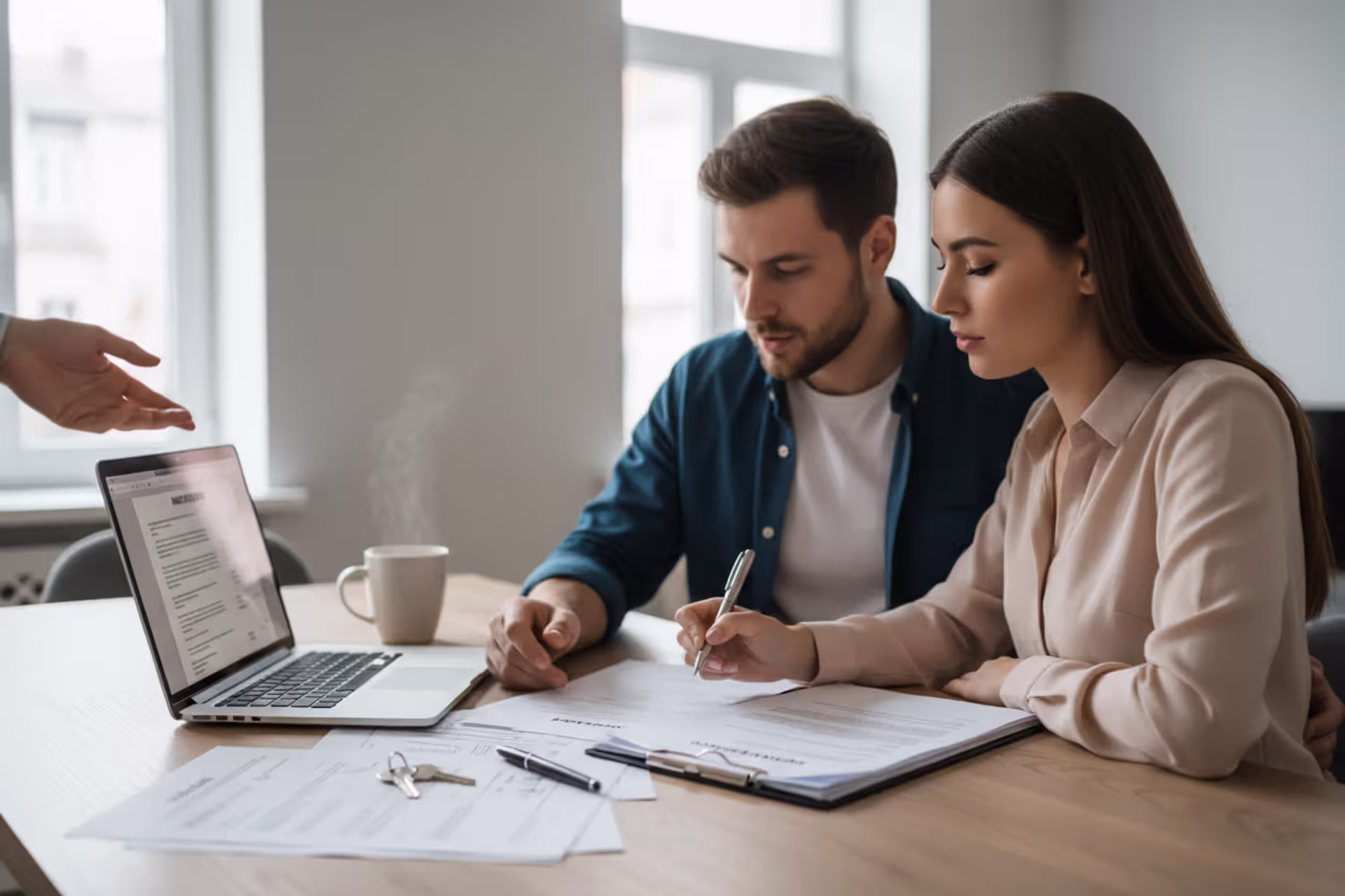First-time home buyer reviewing mortgage documents at home