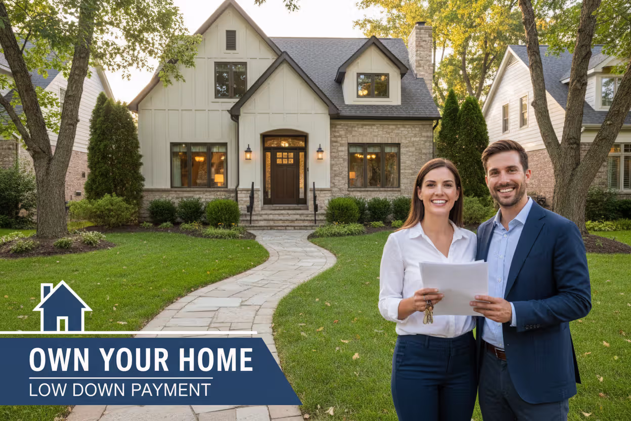 Home buyer standing in front of newly purchased suburban house