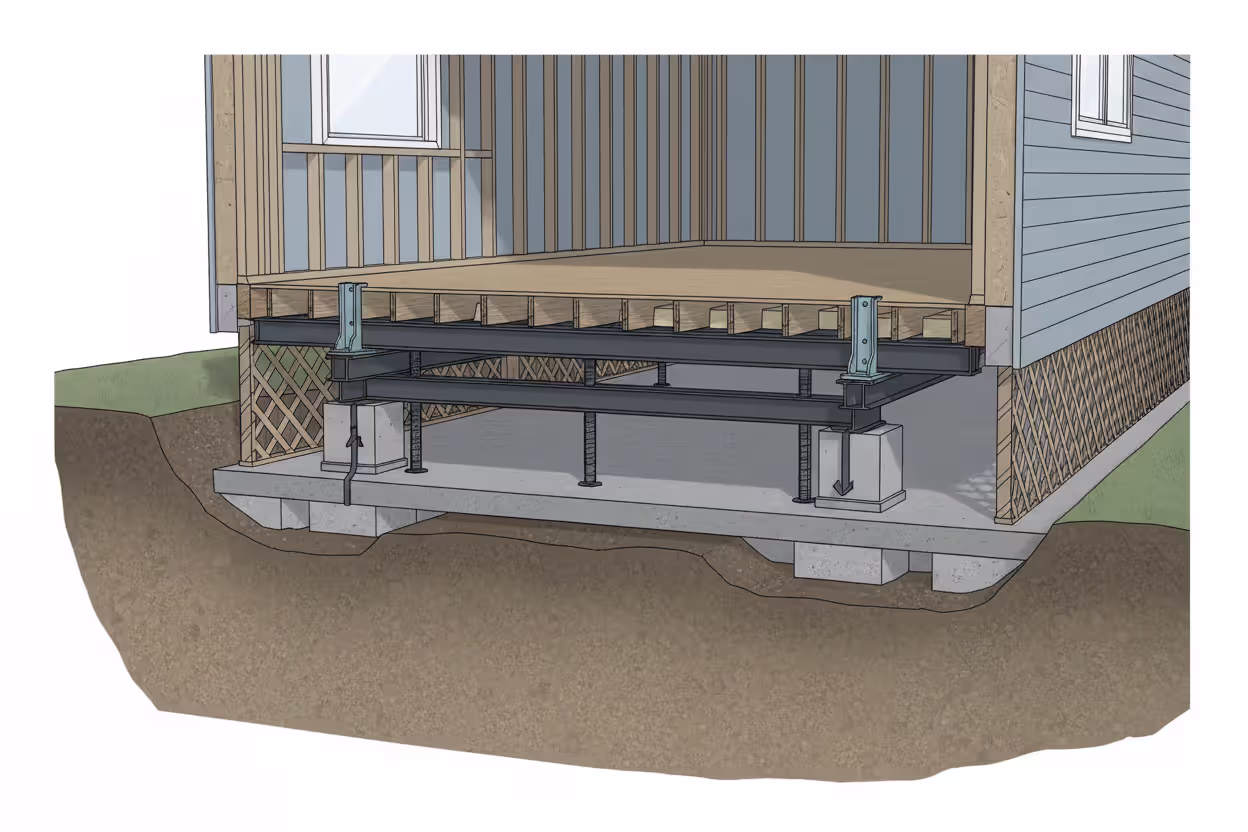 Manufactured home on a permanent foundation with visible support and anchoring system