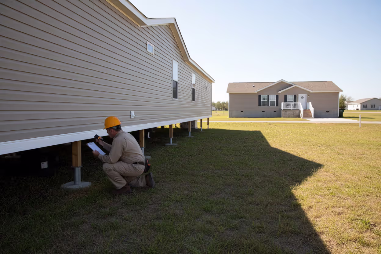 Inspector evaluating manufactured home foundation and property compliance