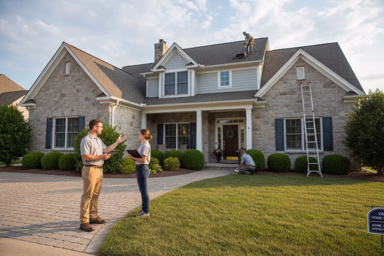 Home appraiser inspecting a suburban house for loan approval