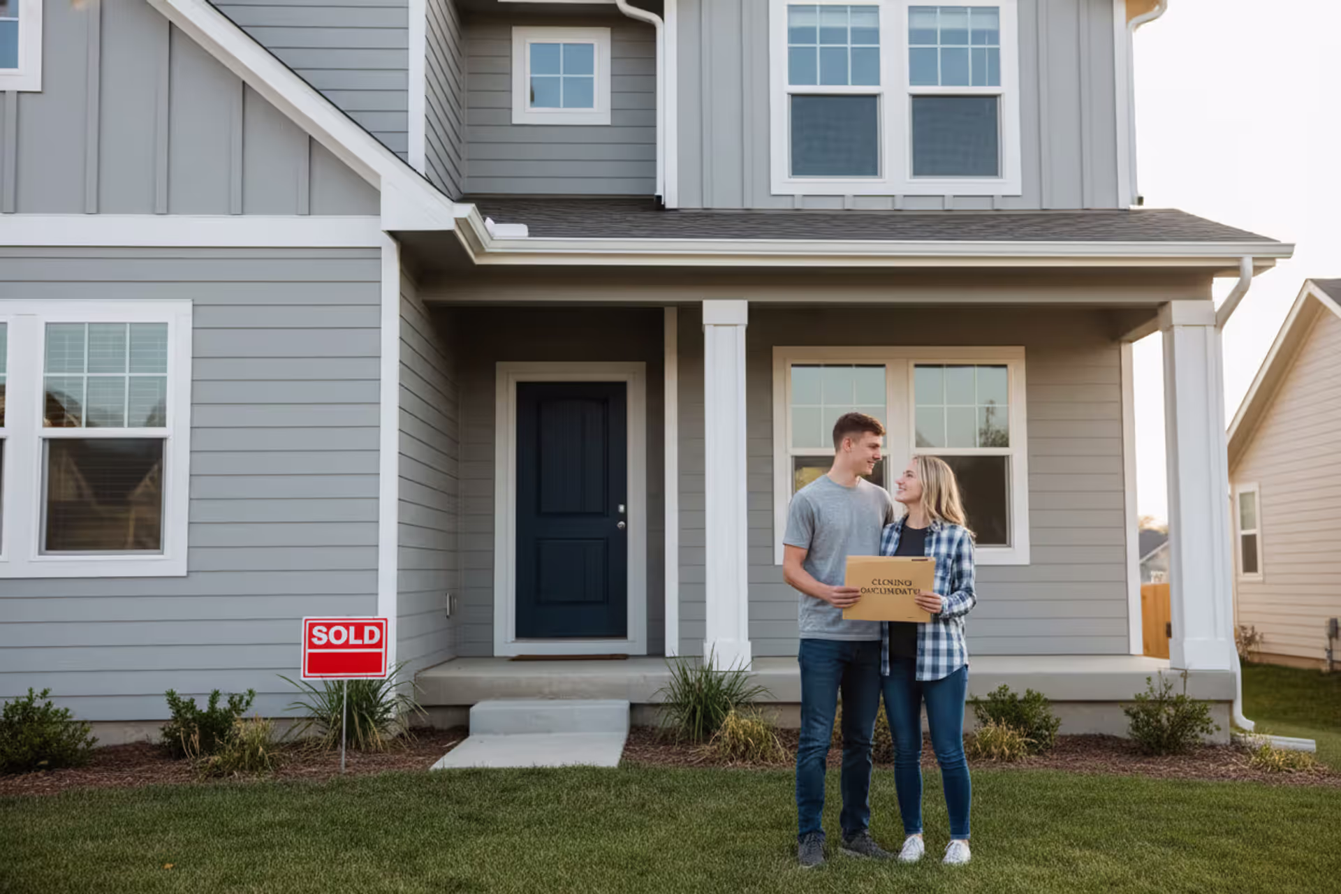Military family standing in front of a newly purchased suburban home