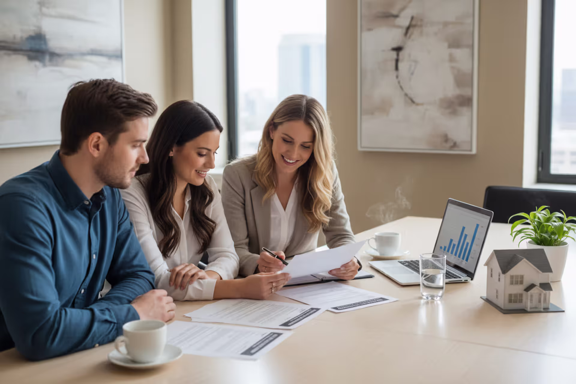 Couple meeting with mortgage advisor to discuss home down payment