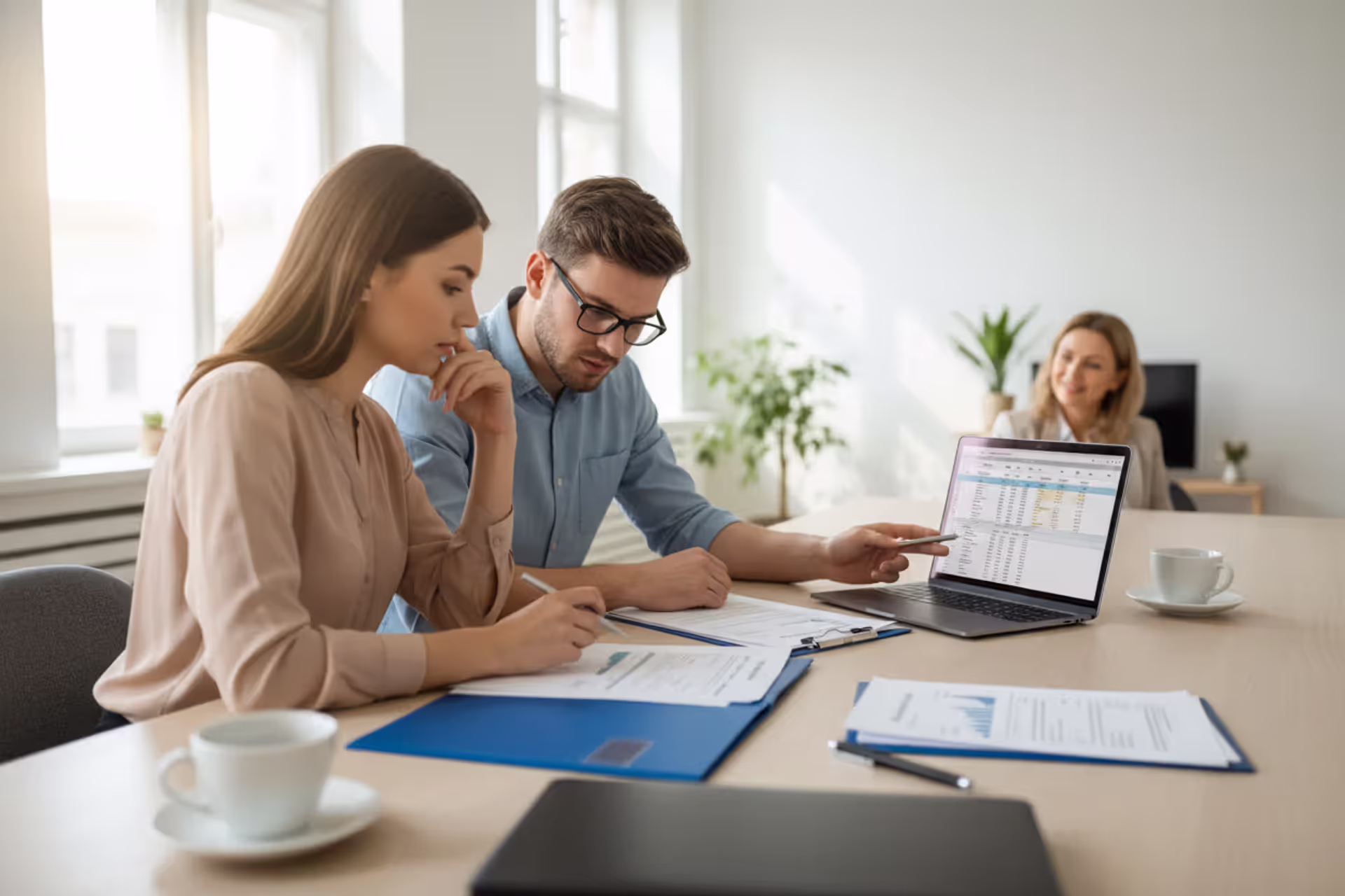 Couple reviewing mortgage closing documents with a loan advisor