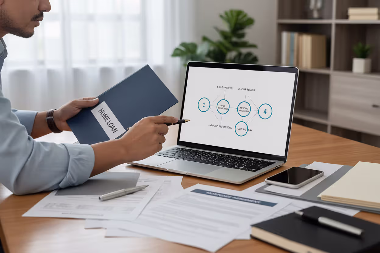 Mortgage application documents and home buying process paperwork on a desk