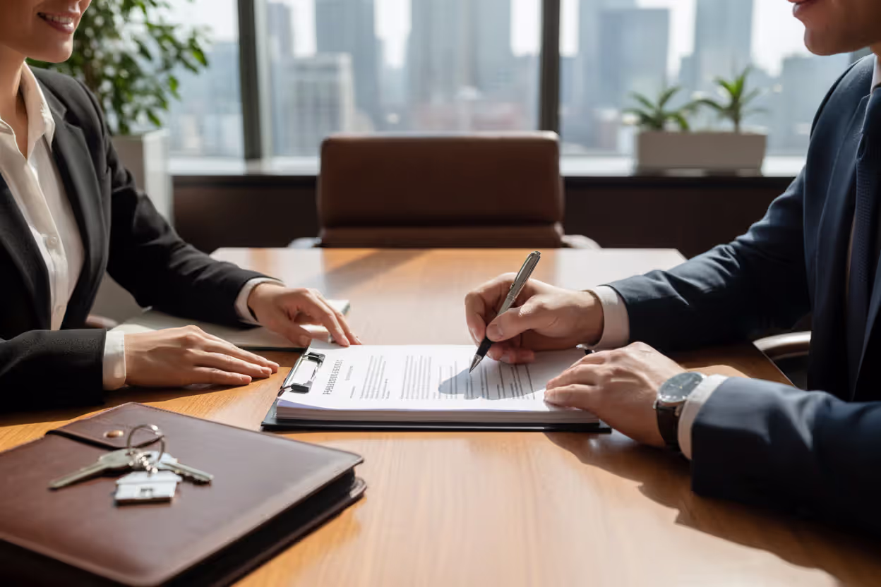 Buyer signing mortgage closing documents with house keys on the table