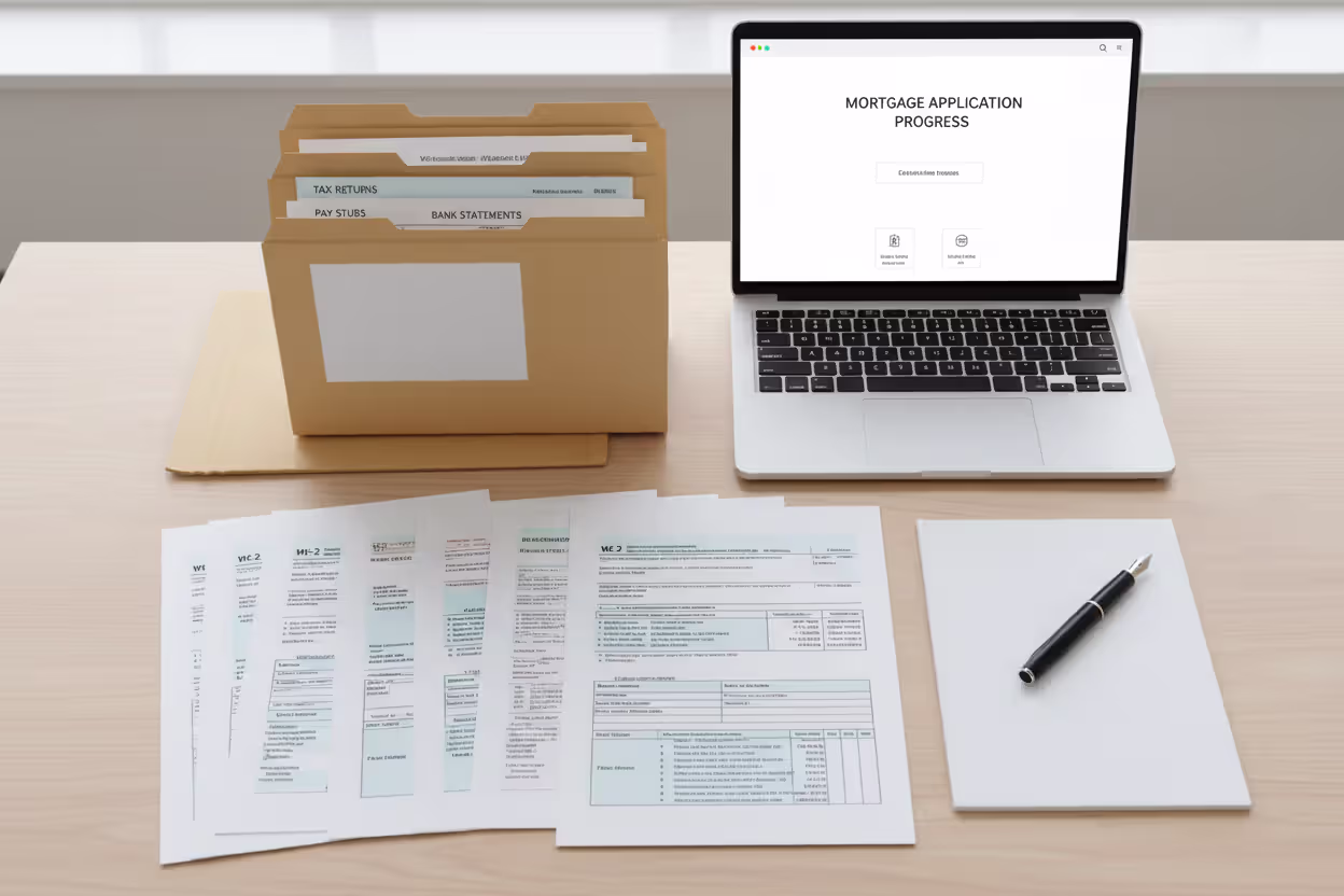 Organized mortgage application documents laid out on a desk