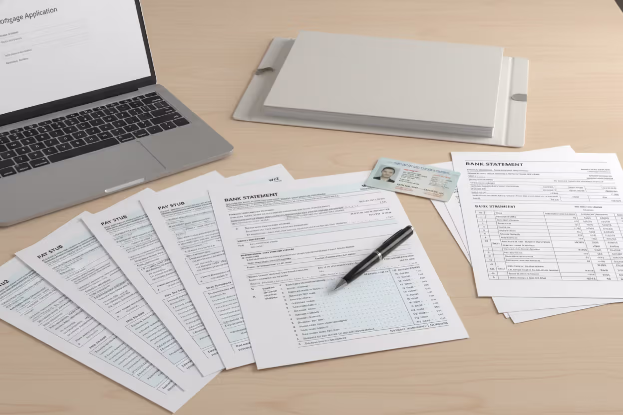 Mortgage application documents organized on a desk