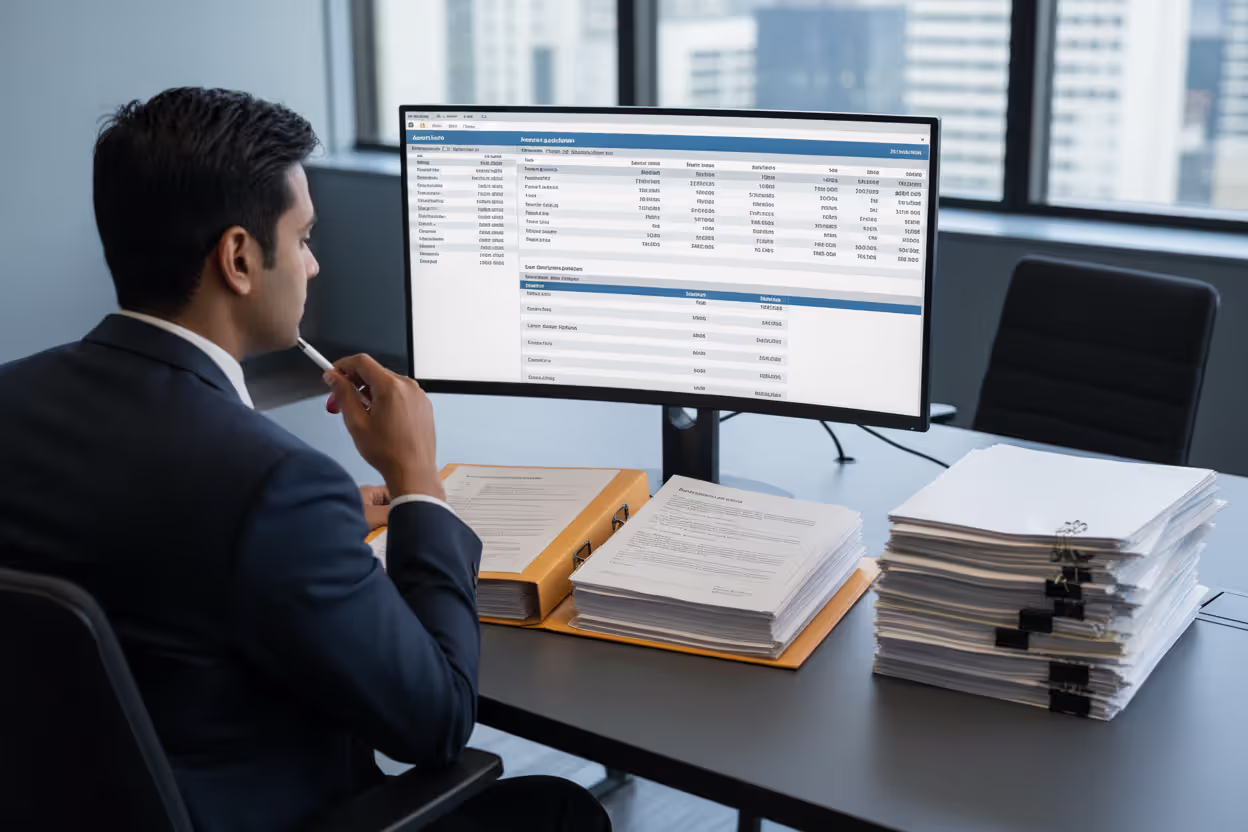 Mortgage underwriter reviewing a loan file in an office