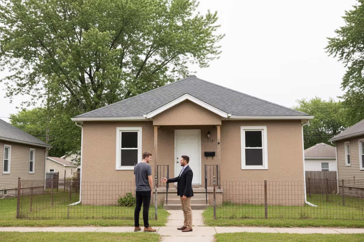 Homebuyer viewing an affordable house with a real estate agent