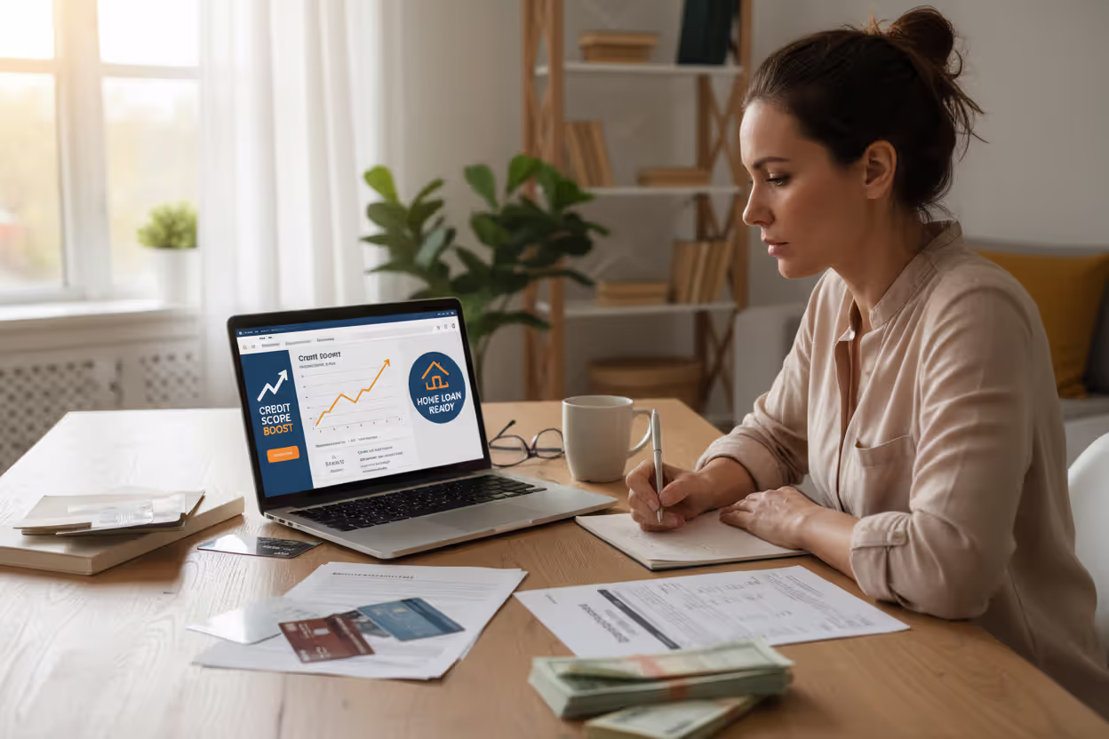 Person reviewing credit history and financial papers at home