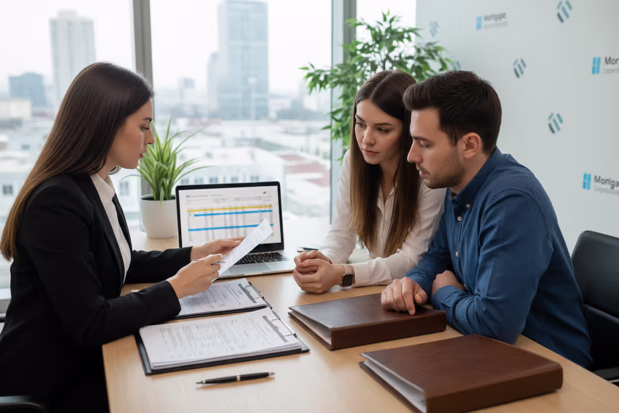 Mortgage advisor explaining home loan options to clients in an office