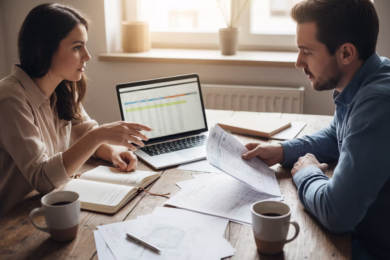 Couple planning a home buying budget at a kitchen table