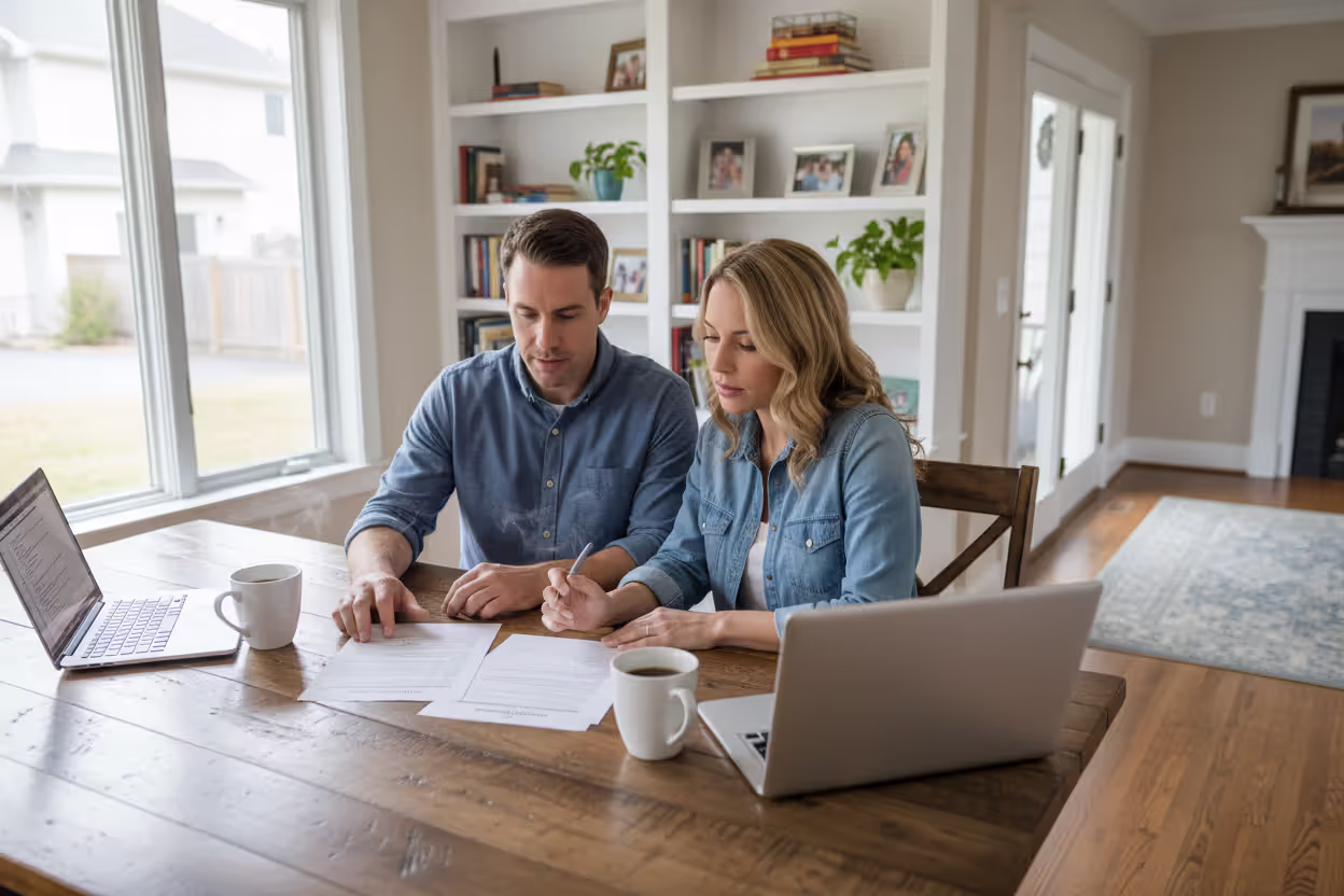 Family discussing mortgage budget at home with documents and laptop