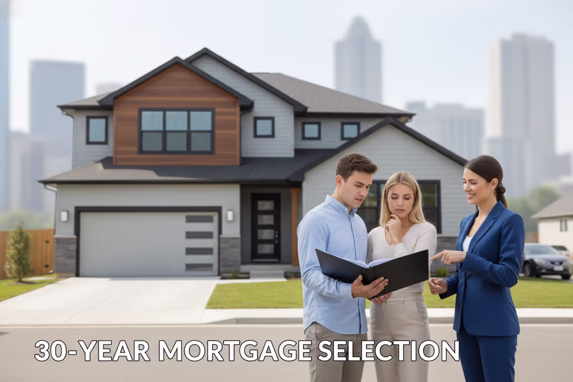 Couple reviewing home purchase documents in front of a suburban house