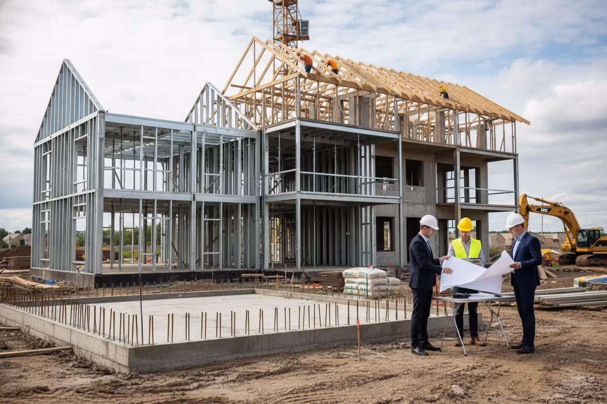 Construction loan draw stages with inspector reviewing progress