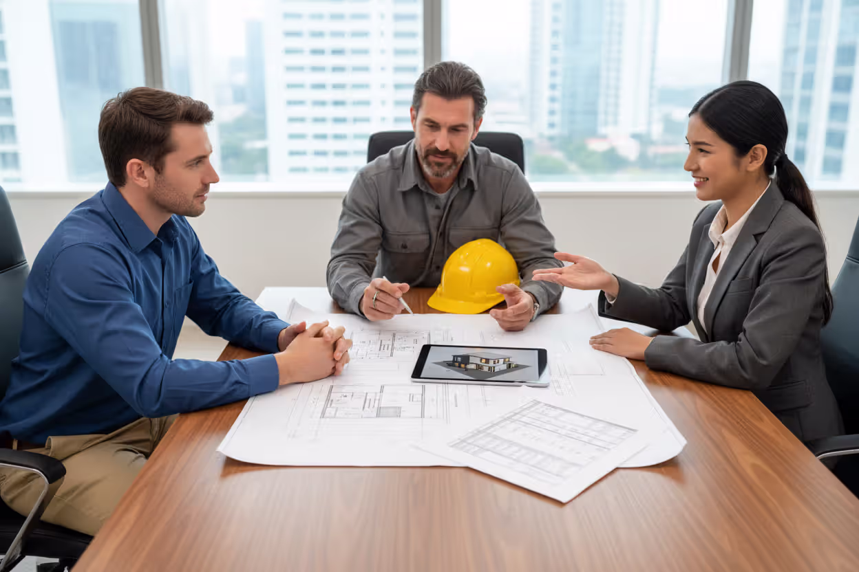 Borrower meeting lender and builder to review house plans