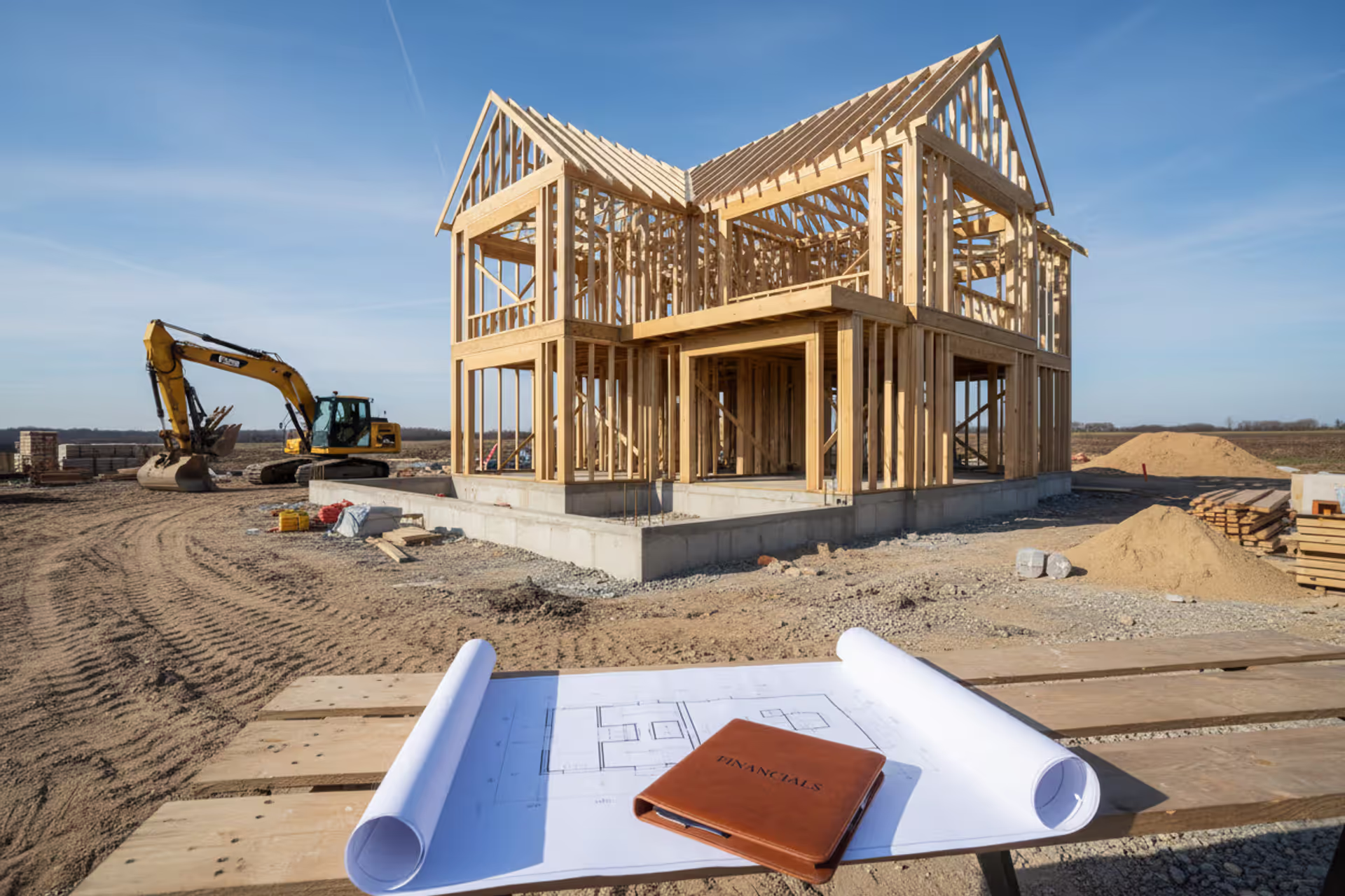 New home under construction with blueprints and financing documents