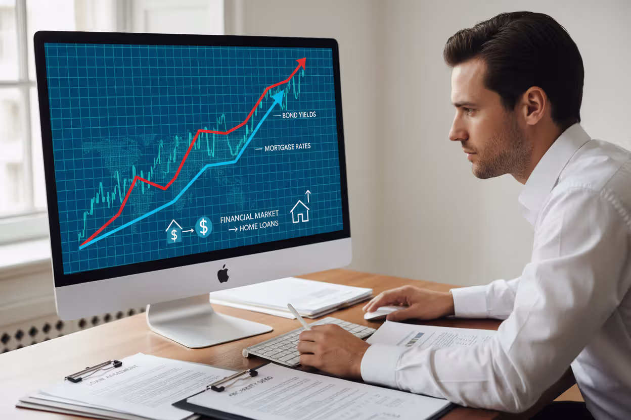 Financial analyst reviewing mortgage rate and treasury yield charts