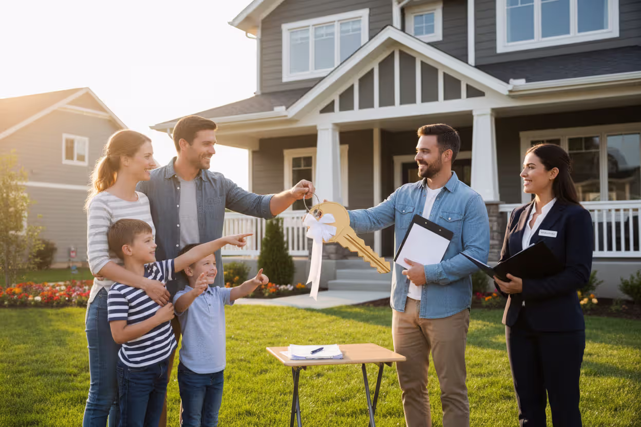 Family receiving house keys after closing on a mortgage