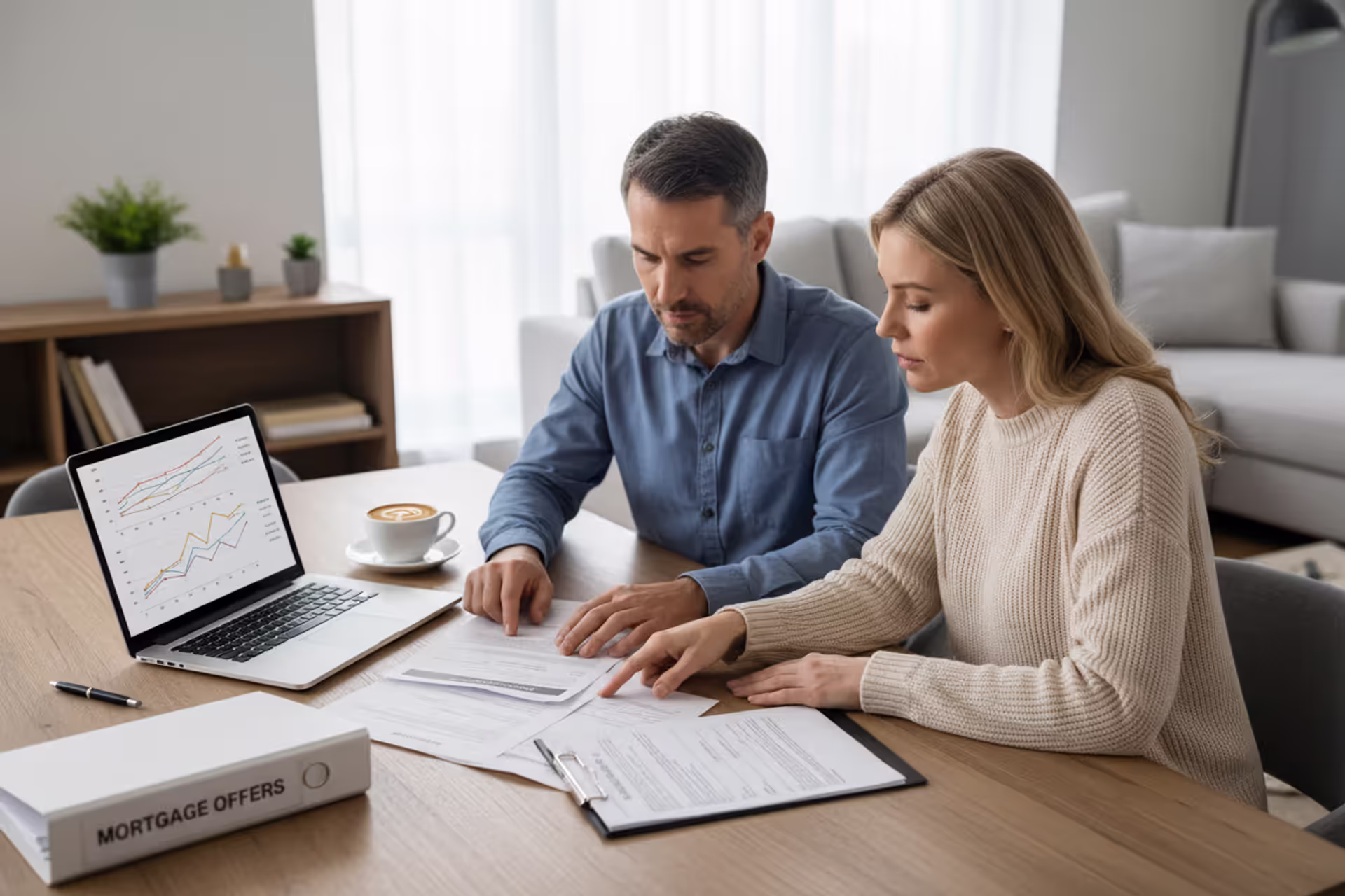 Couple reviewing mortgage documents and comparing home loan rates at a table