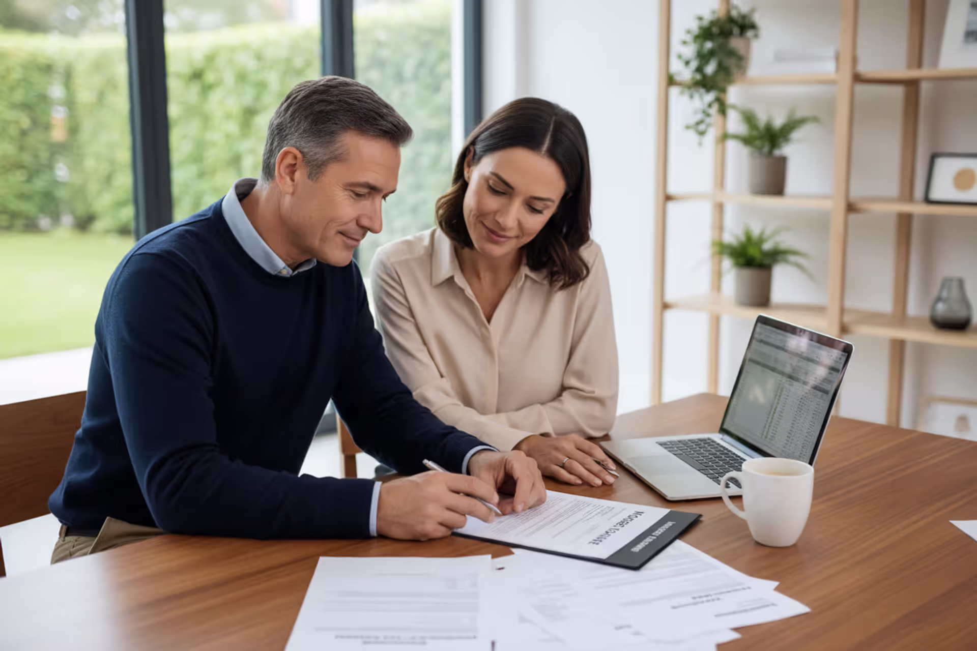 Veteran couple reviewing VA home loan documents with a mortgage advisor