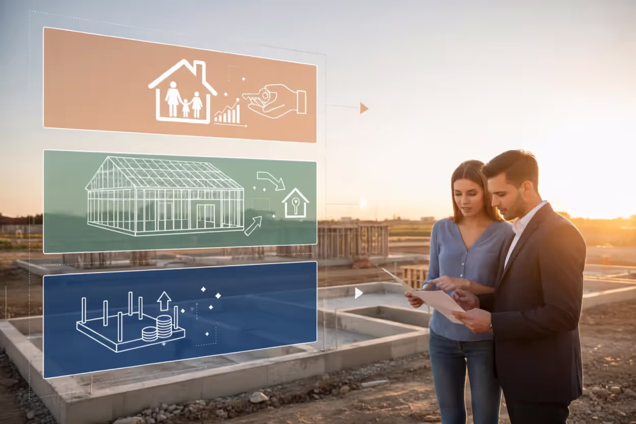 Loan officer explaining phased construction financing to future homeowners